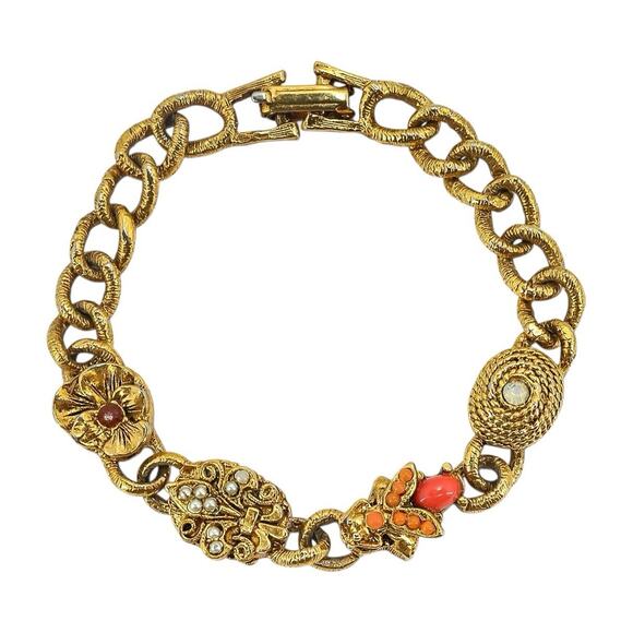 Vintage Gold-Tone Link Bracelet w Insect & Floral Charms Victorian Revival 7.5” - Picture 1 of 5
